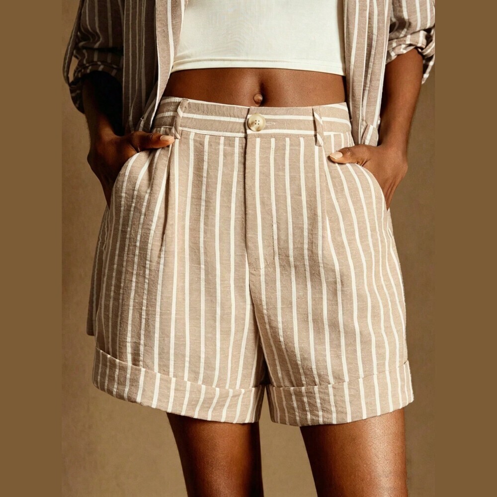 Tan Striped Cotton Blend High Waist Cuffed Pleated Shorts